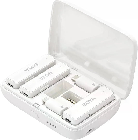 BOYALINK  White Sistema de micrófono inalámbrico doble con diseño todo-en-uno